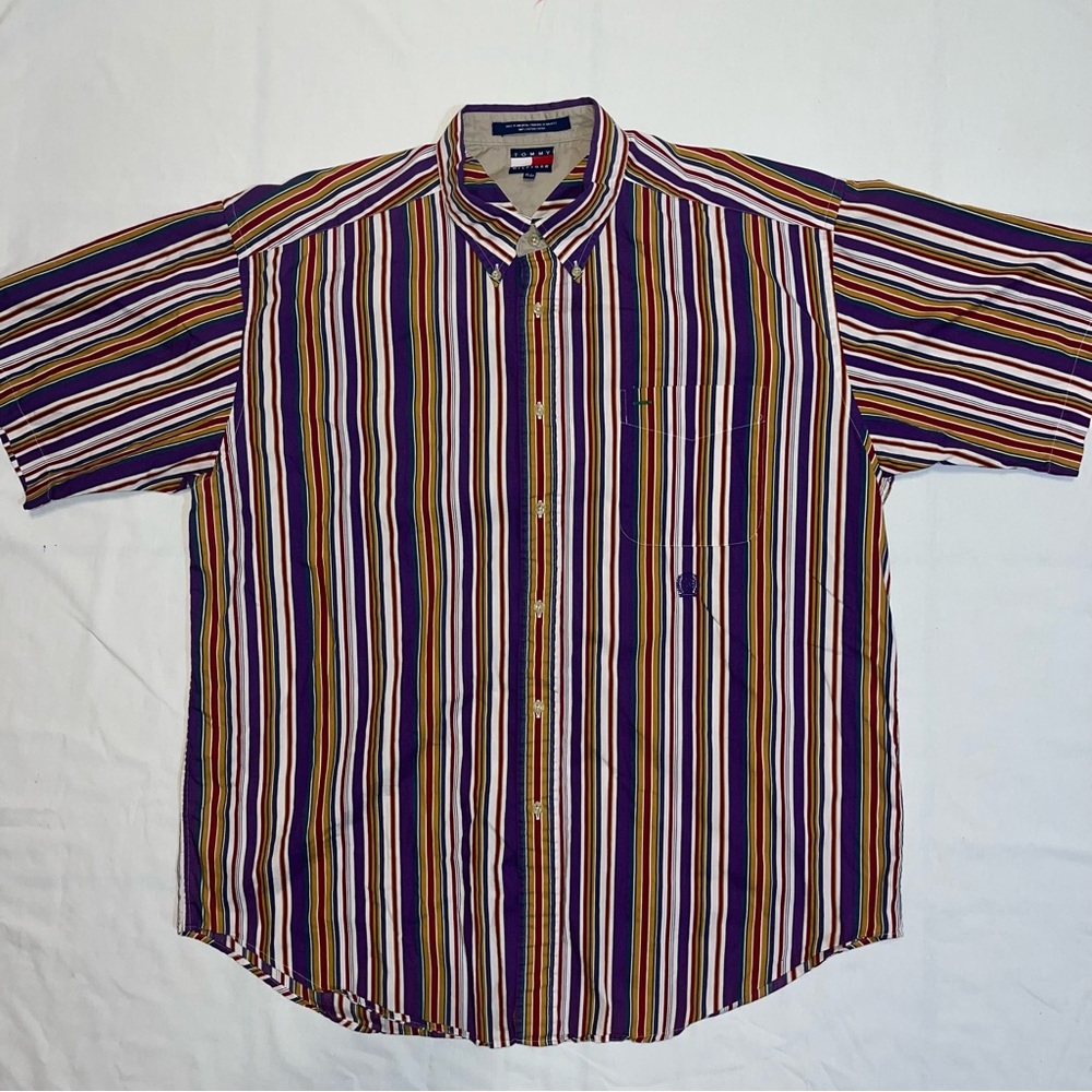 Vintage Tommy Hilfiger Button Up Mens XLarge Striped Short Sleeve Shirt Purple
